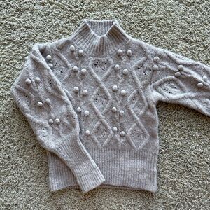 Blank NYC Pom Pom Textured Light Tan Cable Knit Mock Neck Pullover Sweater Small